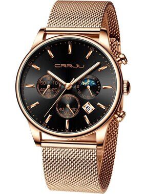 Men's Rose Gold And Black Chronograph Waterproof Steel Quartz Mesh Strap Watch